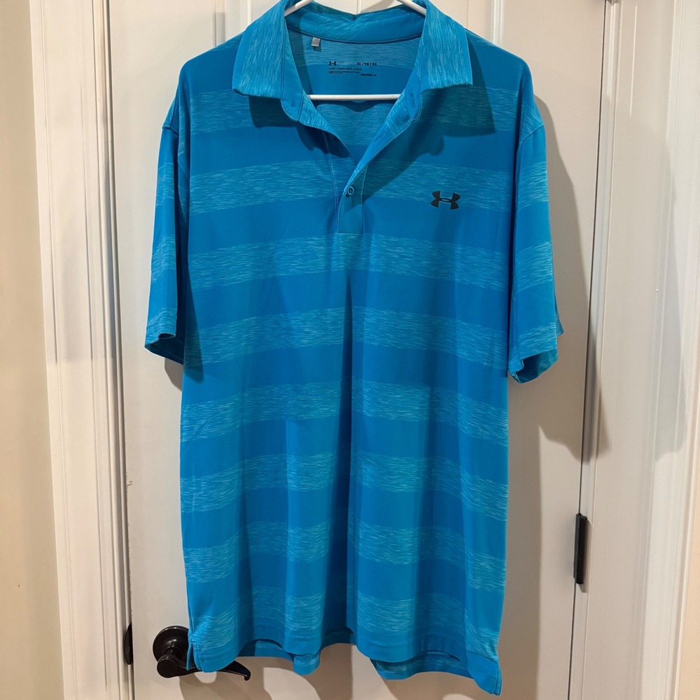 Under Armour Mens XL HeatGear Blue Space Dye Striped Loose Fit Polo Shirt